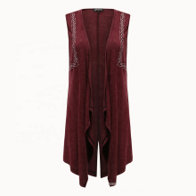 women garment dyed washed knit poncho burgundy rayon dip dyed feminine draping duster chain embroidery sleeveless cape